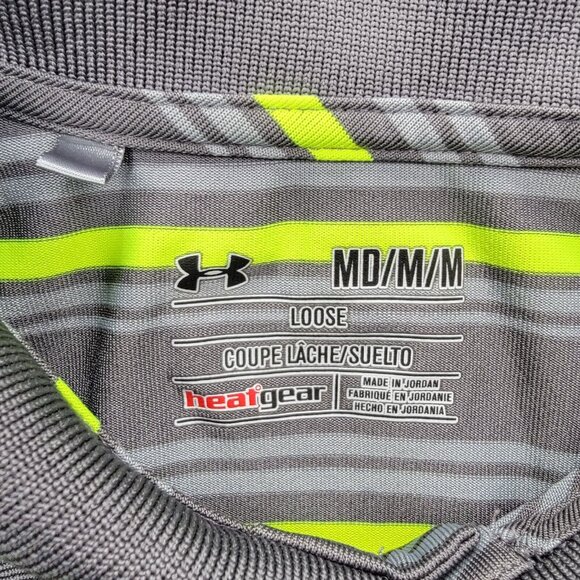 Under Armour Polo Shirt Mens Medium Gray Green Striped Golf Performance Casual - Picture 6 of 9